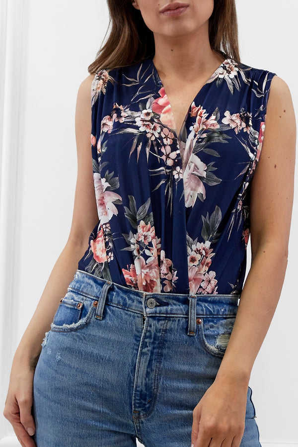 JADE NAVY FLORAL PRINT SLEEVELESS WRAP BODYSUIT TOP