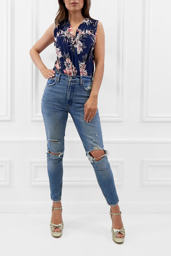 JADE NAVY FLORAL PRINT SLEEVELESS WRAP BODYSUIT TOP