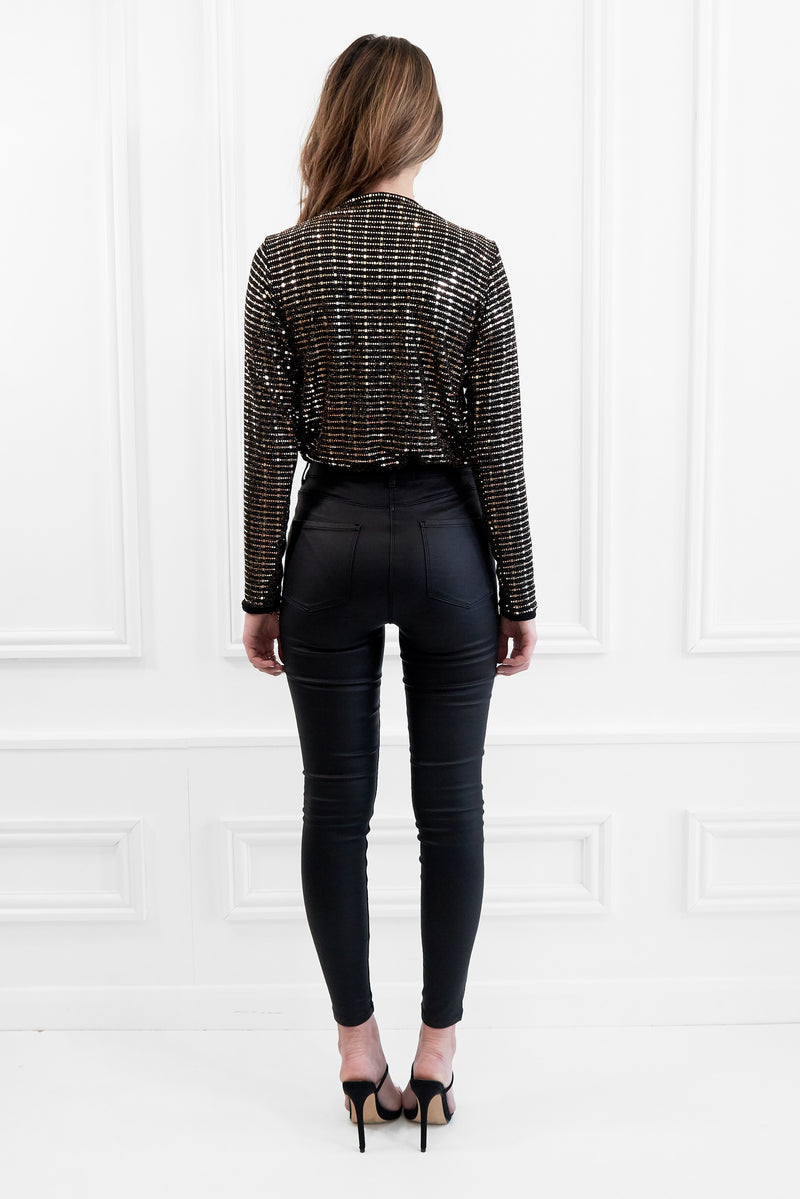 KARIS BLACK/GOLD SEQUIN LONG SLEEVED WRAP OVER BODYSUIT TOP