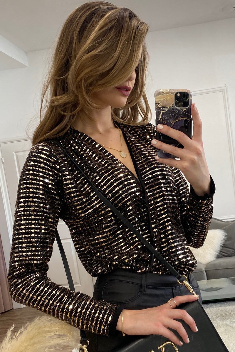 KARIS BLACK GOLD SEQUIN LONG SLEEVED WRAP OVER BODYSUIT TOP