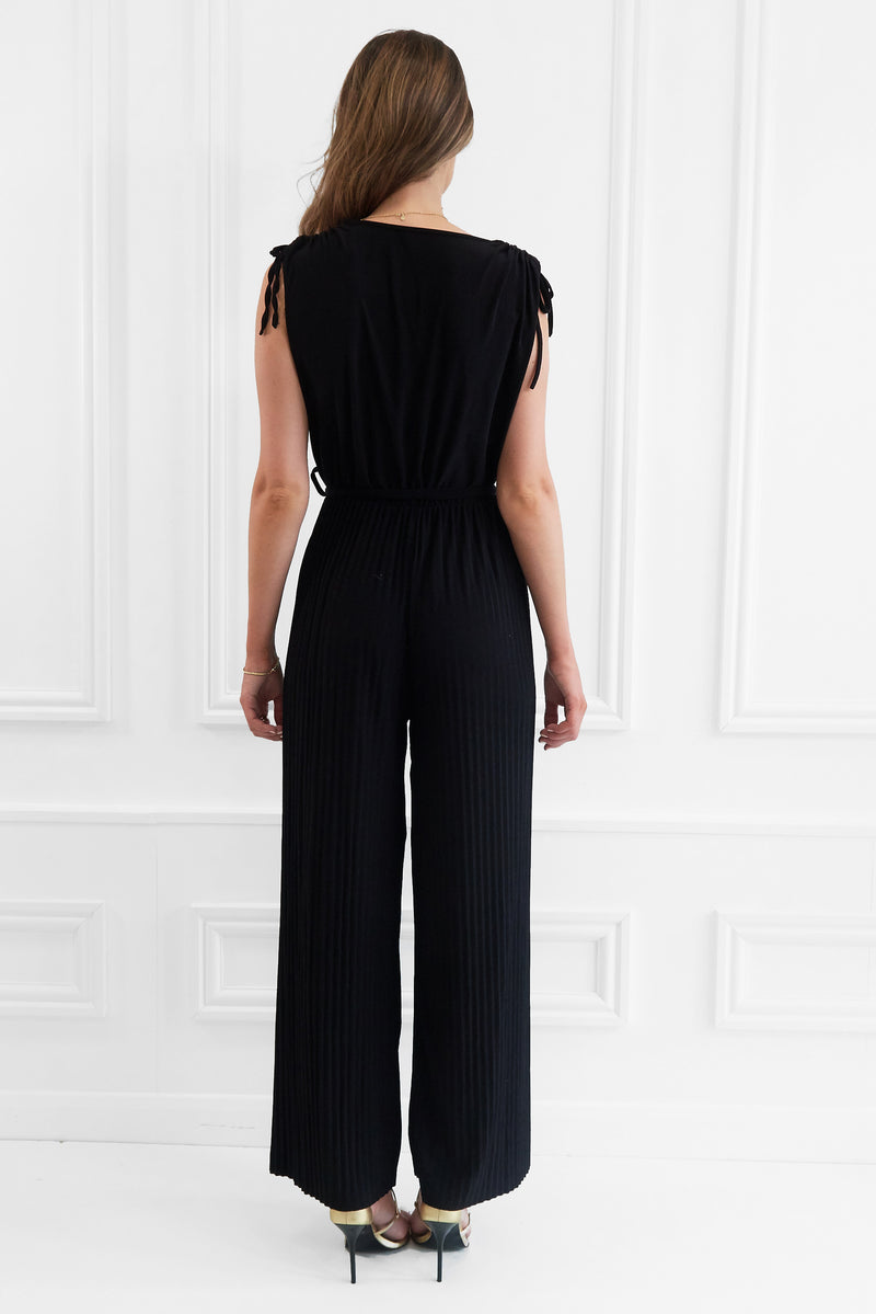 KRIS BLACK WIDE PLEATED LEG JUMPSUIT WITH FABRIC BELT