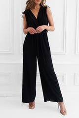 KRIS BLACK WIDE PLEATED LEG JUMPSUIT WITH FABRIC BELT