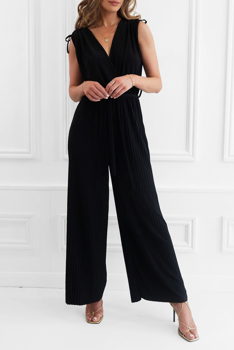 KRIS BLACK WIDE PLEATED LEG JUMPSUIT WITH FABRIC BELT