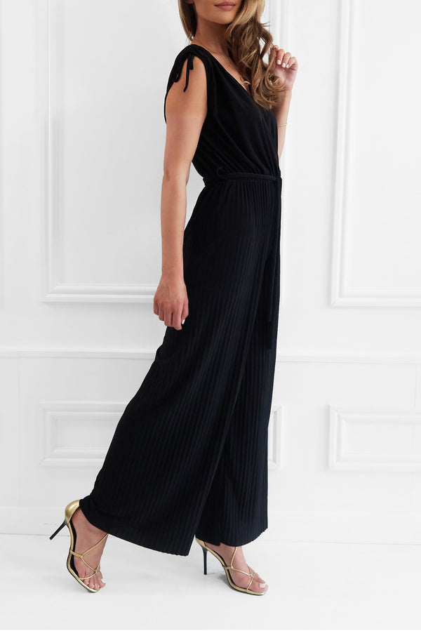 KRIS BLACK WIDE PLEATED LEG JUMPSUIT WITH FABRIC BELT