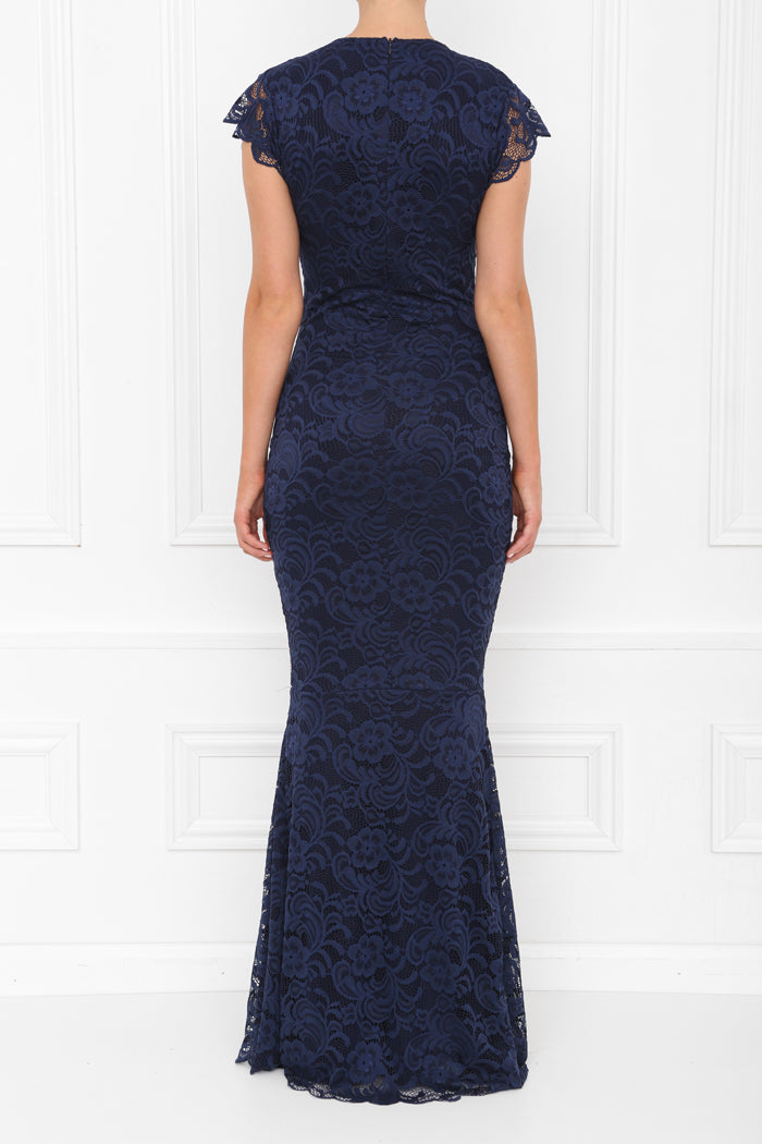 knee length dresses for ladies Scalloped Lace & Velvet Maxi Dress - Navy