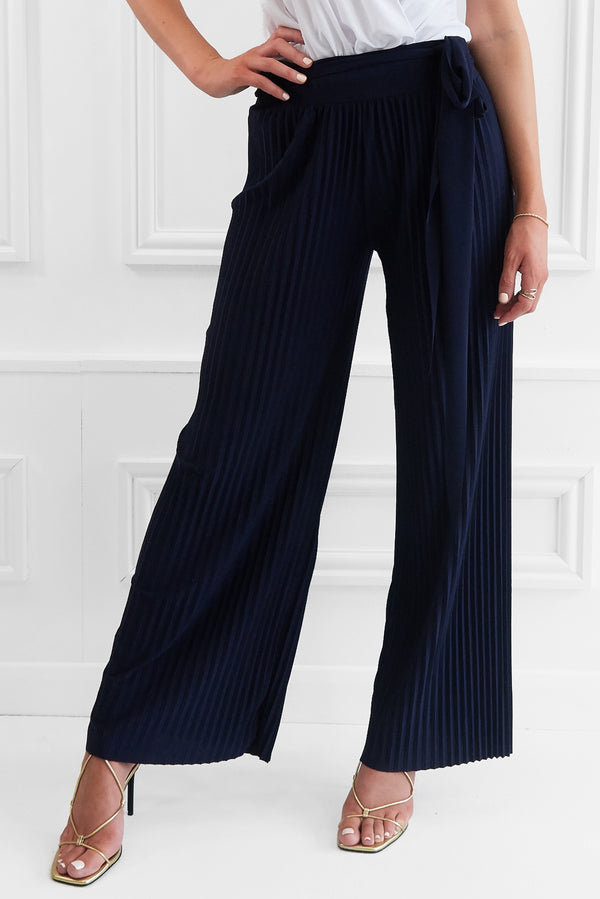 MAE NAVY PLEAT TROUSERS WITH TIE AT WAIST