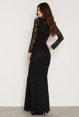 SAVANNAH BLACK LACE WITH LONG SLEEVES FISHTAIL MAXI DRESS