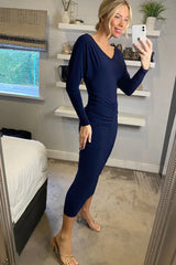 Fallon Navy Midi Dress With Ruching