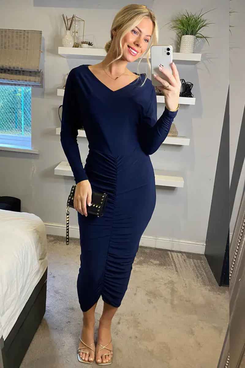 Fallon Navy Midi Dress With Ruching