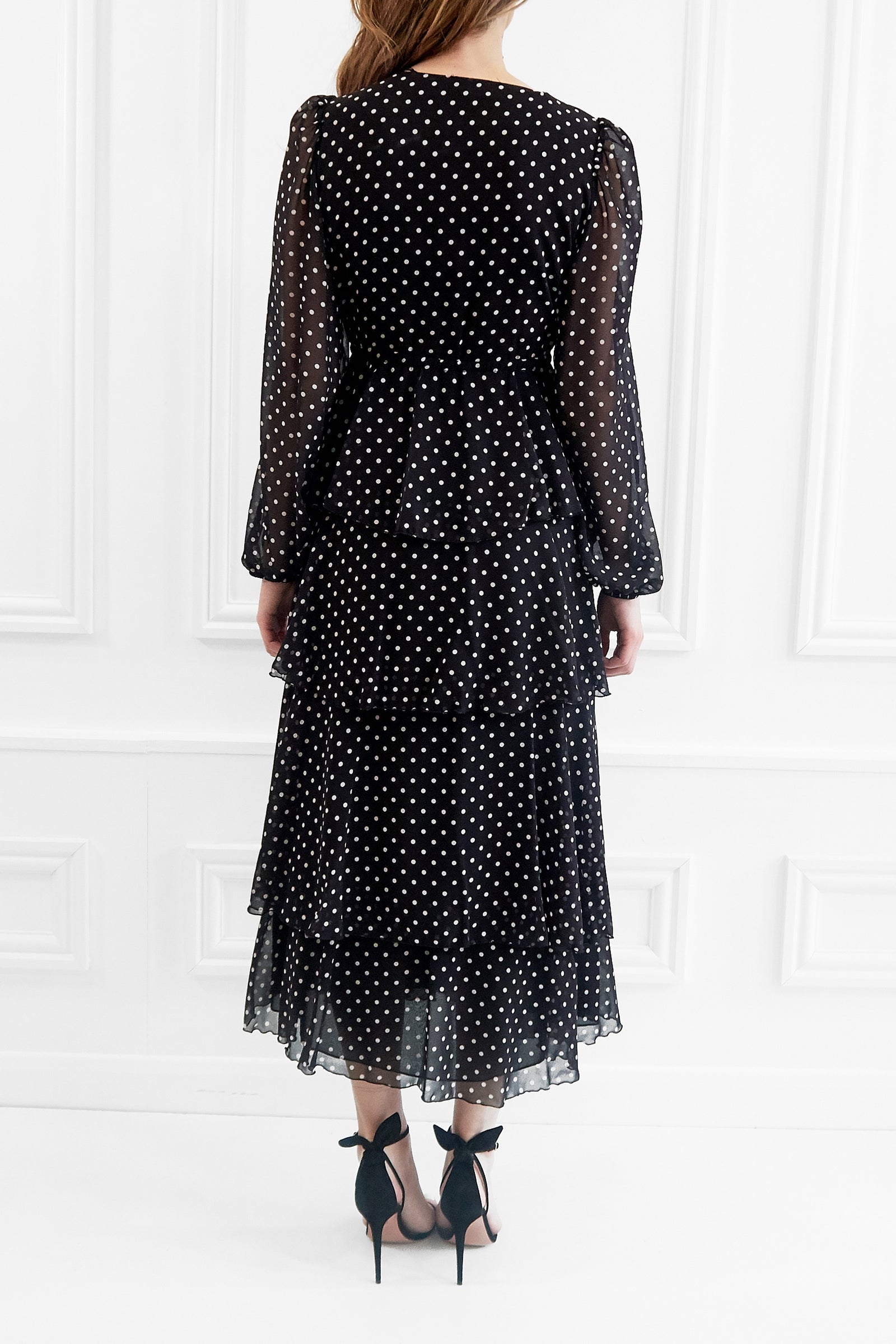 Serena Black & White Polka Dot Maxi Dress With Ruffles – Honor Gold