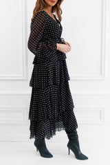 SERENA BLACK AND WHITE POLKA-DOT PRINT MAXI RUFFLE DRESS WITH LONG SLEEVES