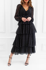 SERENA BLACK AND WHITE POLKA-DOT PRINT MAXI RUFFLE DRESS WITH LONG SLEEVES