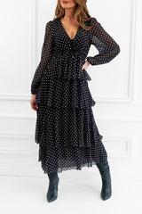 SERENA BLACK AND WHITE POLKA-DOT PRINT MAXI RUFFLE DRESS WITH LONG SLEEVES