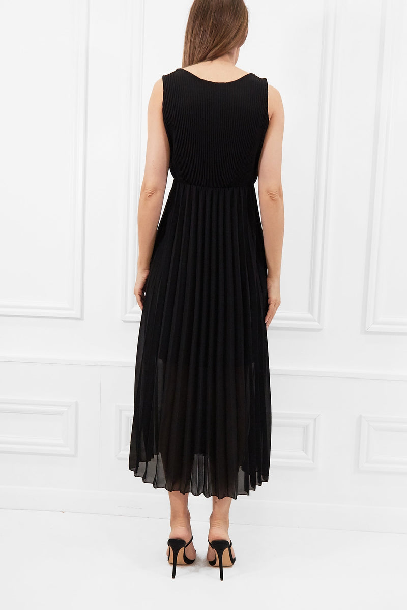 TESS BLACK PLEATED MIDI DRESS