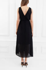 TESS BLACK PLEATED MIDI DRESS