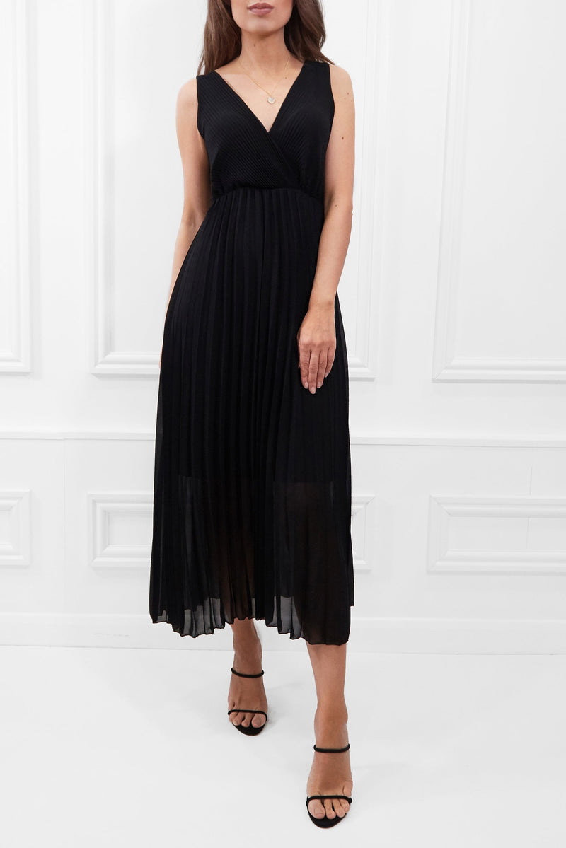 TESS BLACK PLEATED MIDI DRESS