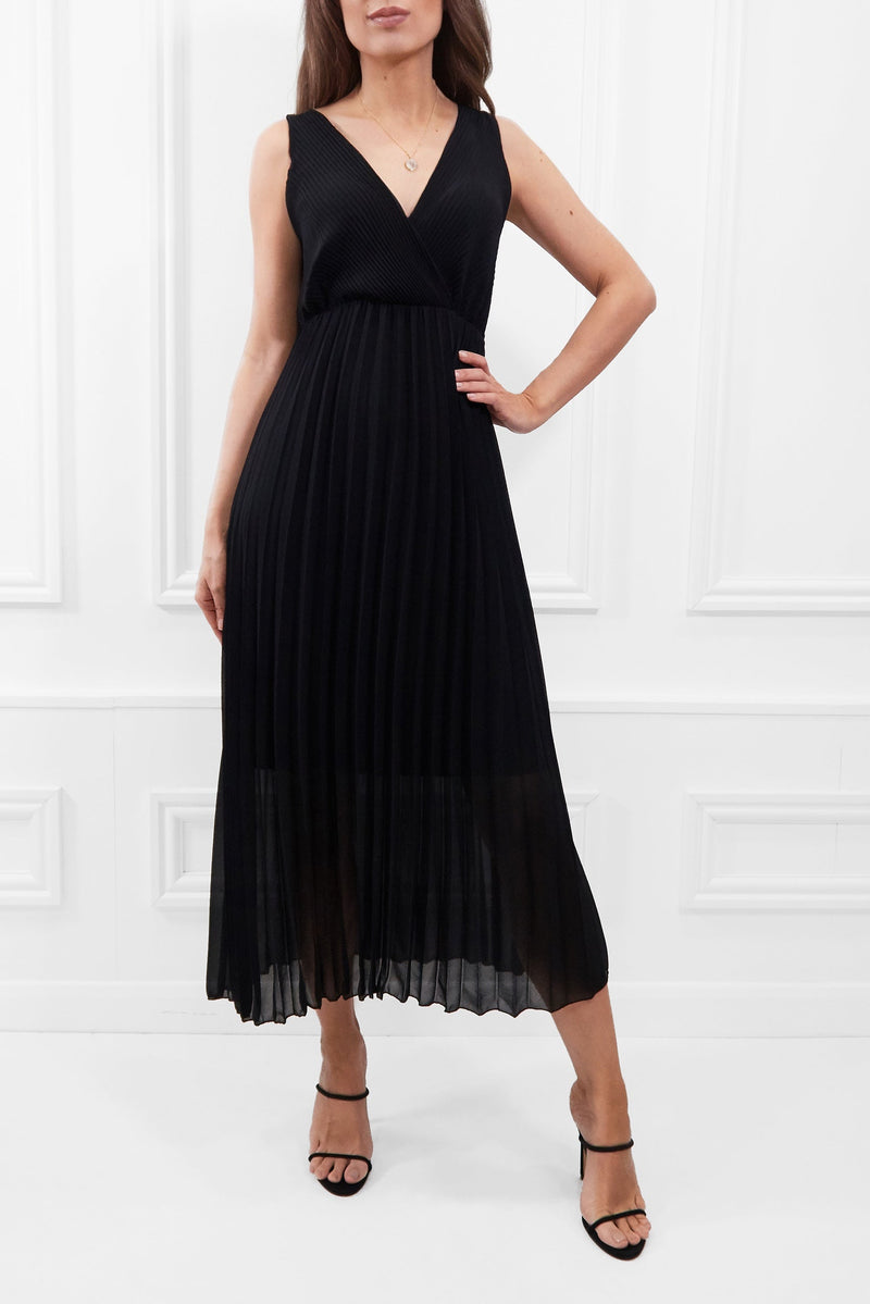 TESS BLACK PLEATED MIDI DRESS