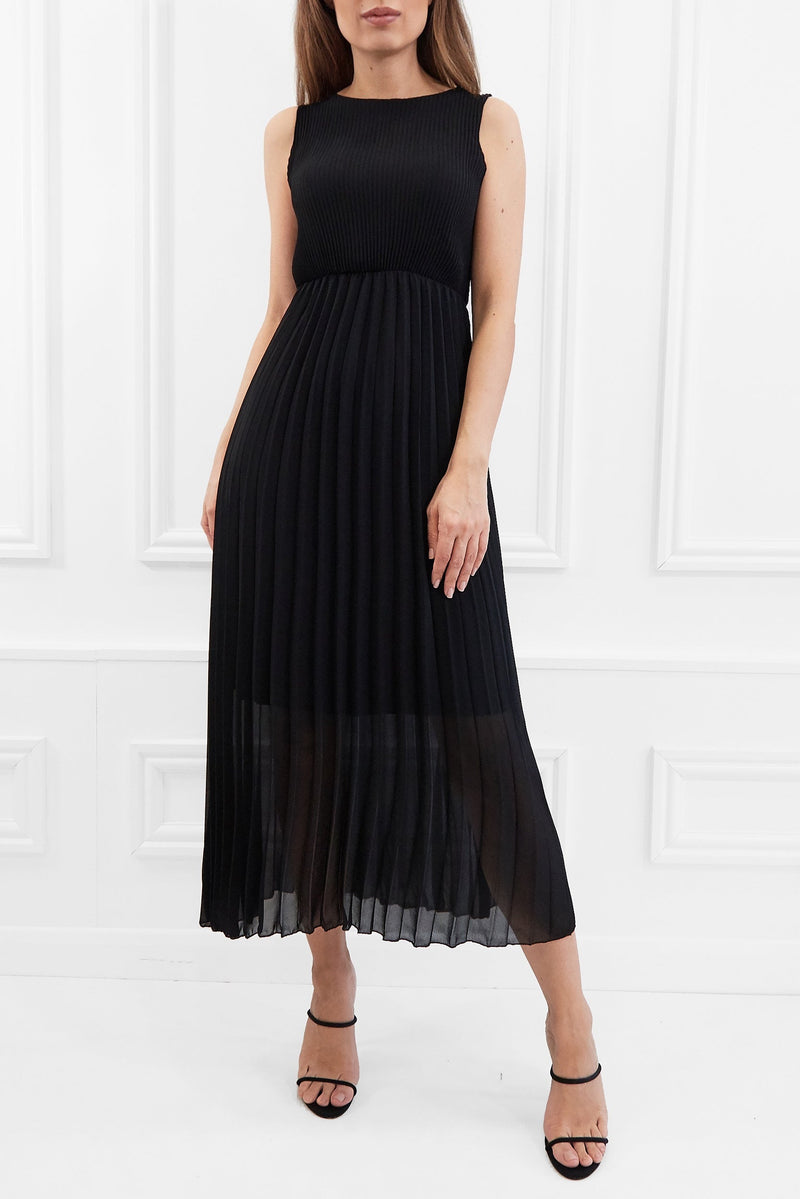 TESS BLACK PLEATED MIDI DRESS