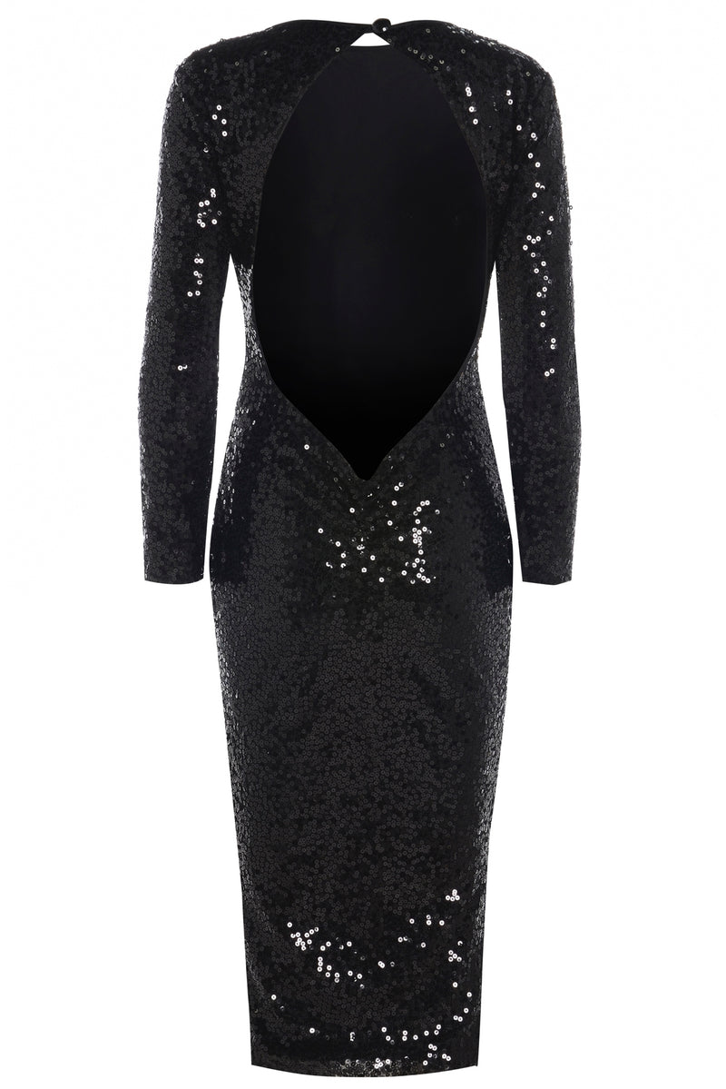 EVIE BLACK SEQUIN LONG SLEEVED BACKLESS MIDI DRESS