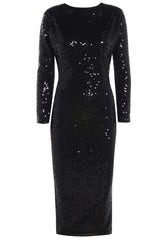 EVIE BLACK SEQUIN LONG SLEEVED BACKLESS MIDI DRESS